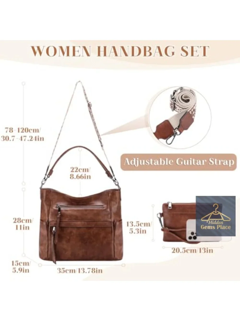 Medium Hobo Bag with Wallet Set, Vegan Leather Crossbody Tote, Detachable